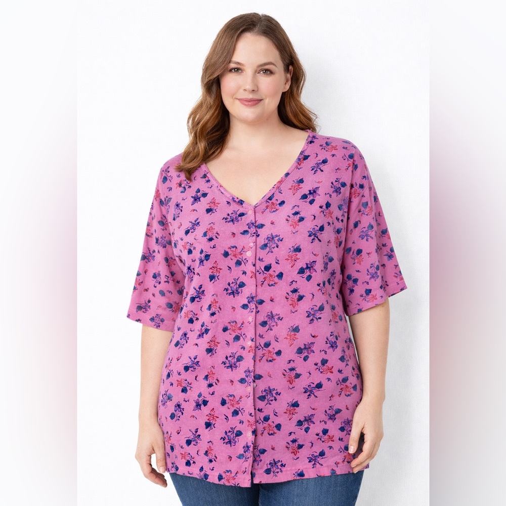Vintage Northern Reflections Floral Button Front Tee Pink Cotton Jersey knit XL